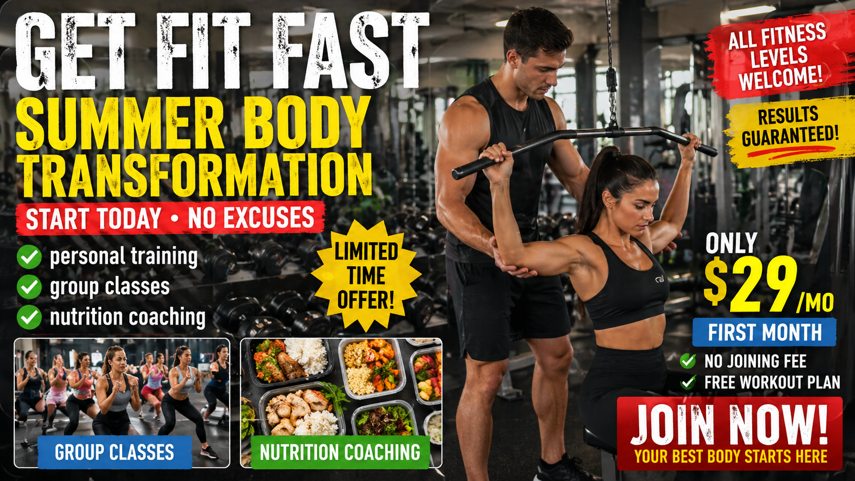 Poor CTR local gym promo thumbnail with cluttered text and weak hierarchy