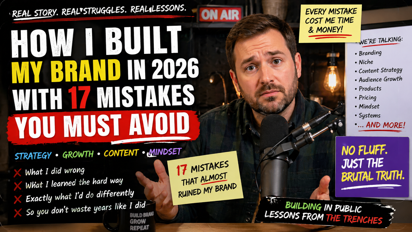 Poor CTR creator podcast thumbnail with too much text and clutter