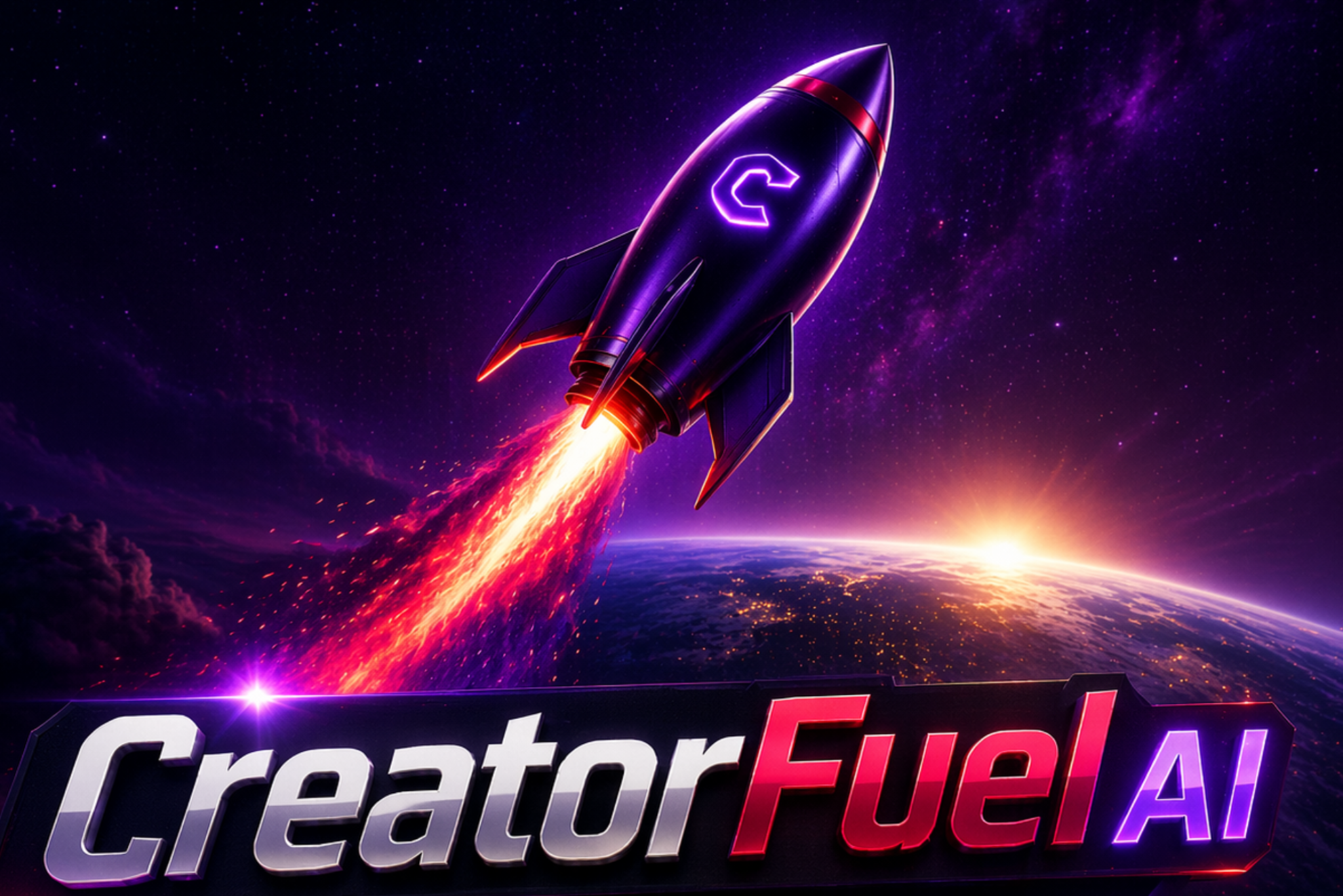 CreatorFuel-AI rocket logo in purple atmosphere