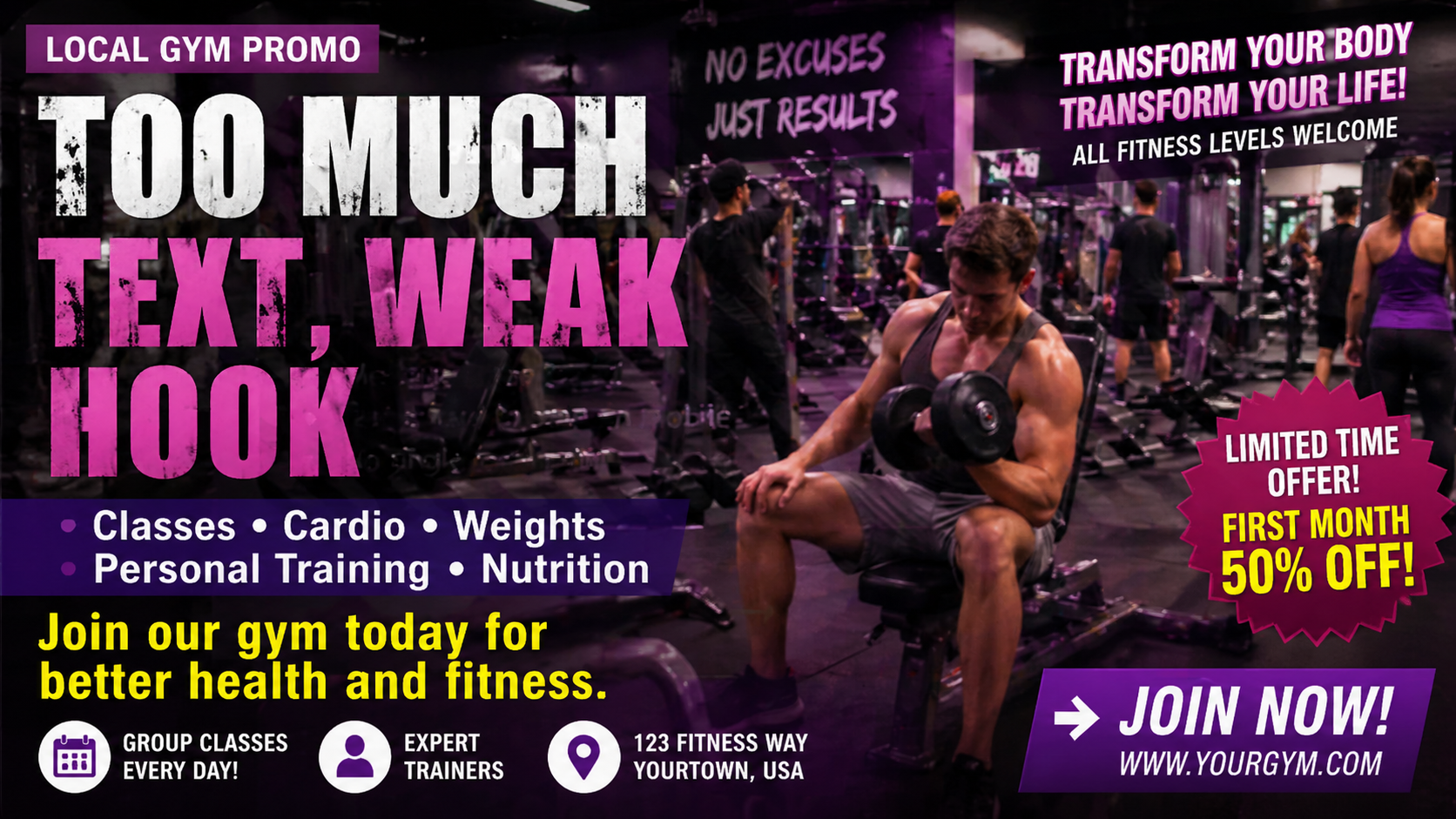 Bad gym thumbnail example with too much text and weak hook